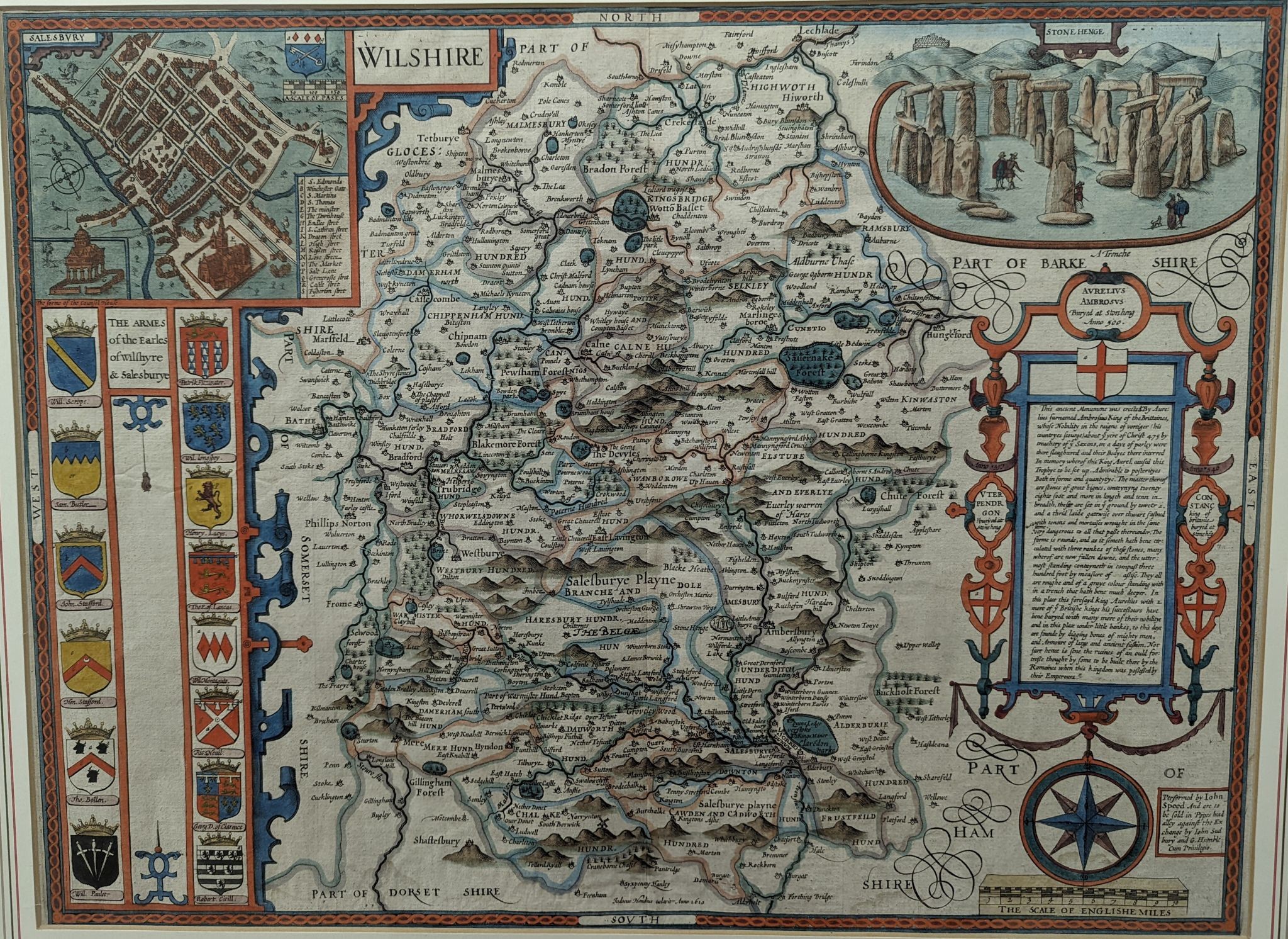 John Speed, coloured engraving, Map of Wilshire 1676, in English verso, 38 x 51cm